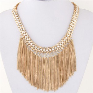 Rhinestone Inlaid Western High Fashion Chain Tassels Design Short Necklace - Golden