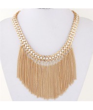 Rhinestone Inlaid Western High Fashion Chain Tassels Design Short Necklace - Golden