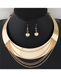 Punk Style Smooth Surface Alloy Arch Pendant with Tassel Design Statement Fashion Necklace and Earrings Set - Golden