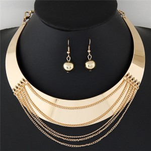 Punk Style Smooth Surface Alloy Arch Pendant with Tassel Design Statement Fashion Necklace and Earrings Set - Golden
