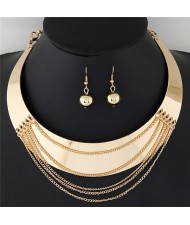 Punk Style Smooth Surface Alloy Arch Pendant with Tassel Design Statement Fashion Necklace and Earrings Set - Golden