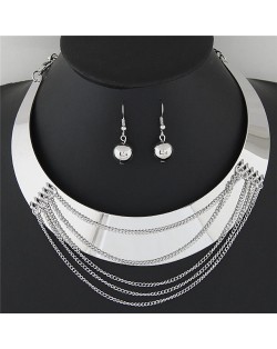 Punk Style Smooth Surface Alloy Arch Pendant with Tassel Design Statement Fashion Necklace and Earrings Set - Silver