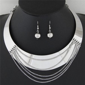 Punk Style Smooth Surface Alloy Arch Pendant with Tassel Design Statement Fashion Necklace and Earrings Set - Silver