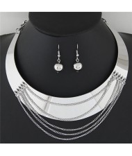 Punk Style Smooth Surface Alloy Arch Pendant with Tassel Design Statement Fashion Necklace and Earrings Set - Silver