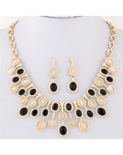 Oval Glass and Opal Gems Inlaid Twinkling Golden Statement Fashion Necklace and Earrings Set - Black and Champagne