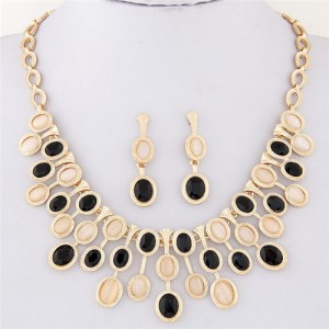 Oval Glass and Opal Gems Inlaid Twinkling Golden Statement Fashion Necklace and Earrings Set - Black and Champagne