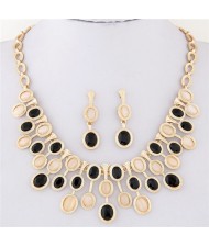 Oval Glass and Opal Gems Inlaid Twinkling Golden Statement Fashion Necklace and Earrings Set - Black and Champagne