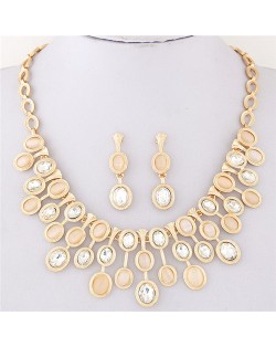Oval Glass and Opal Gems Inlaid Twinkling Golden Statement Fashion Necklace and Earrings Set - Transparent and Champagne