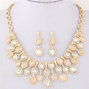 Oval Glass and Opal Gems Inlaid Twinkling Golden Statement Fashion Necklace and Earrings Set - Transparent and Champagne