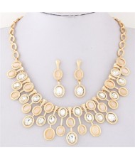Oval Glass and Opal Gems Inlaid Twinkling Golden Statement Fashion Necklace and Earrings Set - Transparent and Champagne