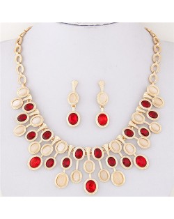 Oval Glass and Opal Gems Inlaid Twinkling Golden Statement Fashion Necklace and Earrings Set - Red and Champagne