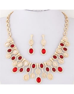 Oval Glass and Opal Gems Inlaid Twinkling Golden Statement Fashion Necklace and Earrings Set - Red and Champagne