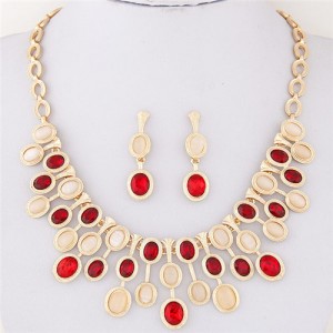 Oval Glass and Opal Gems Inlaid Twinkling Golden Statement Fashion Necklace and Earrings Set - Red and Champagne