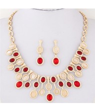 Oval Glass and Opal Gems Inlaid Twinkling Golden Statement Fashion Necklace and Earrings Set - Red and Champagne