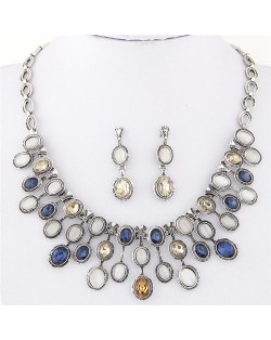 Oval Glass and Opal Gems Inlaid Twinkling Vintage Silver Statement Fashion Necklace and Earrings Set - Ink Blue and White