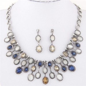 Oval Glass and Opal Gems Inlaid Twinkling Vintage Silver Statement Fashion Necklace and Earrings Set - Ink Blue and White