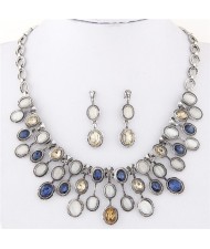 Oval Glass and Opal Gems Inlaid Twinkling Vintage Silver Statement Fashion Necklace and Earrings Set - Ink Blue and White