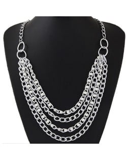 Pearls Embellished Multi-layer Chains Design Statement Fashion Necklace - Silver