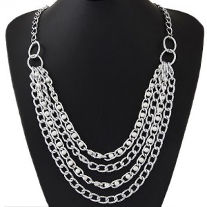 Pearls Embellished Multi-layer Chains Design Statement Fashion Necklace - Silver