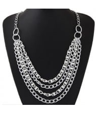Pearls Embellished Multi-layer Chains Design Statement Fashion Necklace - Silver