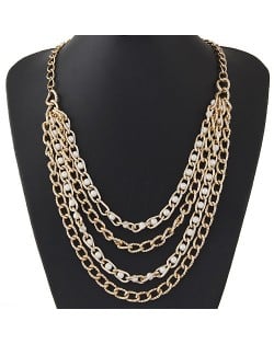Pearls Embellished Multi-layer Chains Design Statement Fashion Necklace - Golden