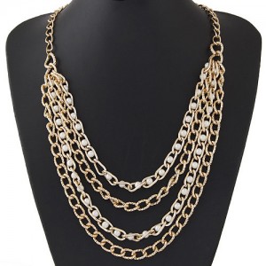 Pearls Embellished Multi-layer Chains Design Statement Fashion Necklace - Golden