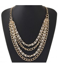 Pearls Embellished Multi-layer Chains Design Statement Fashion Necklace - Golden
