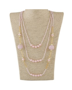 Multi-layer Mini Beads and Pearl Long Statement Fashion Necklace - Pink