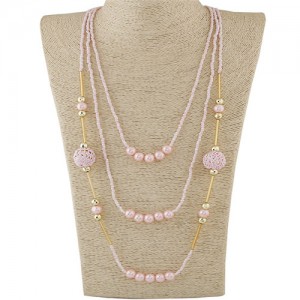 Multi-layer Mini Beads and Pearl Long Statement Fashion Necklace - Pink