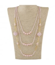 Multi-layer Mini Beads and Pearl Long Statement Fashion Necklace - Pink