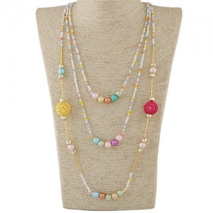 Multi-layer Mini Beads and Pearl Long Statement Fashion Necklace - Multicolor
