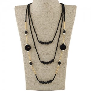 Multi-layer Mini Beads and Pearl Long Statement Fashion Necklace - Black
