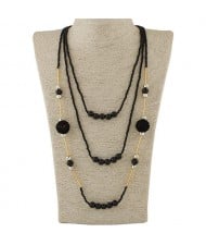 Multi-layer Mini Beads and Pearl Long Statement Fashion Necklace - Black