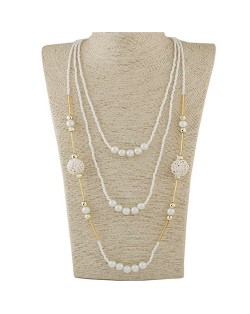 Multi-layer Mini Beads and Pearl Long Statement Fashion Necklace - White
