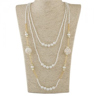 Multi-layer Mini Beads and Pearl Long Statement Fashion Necklace - White