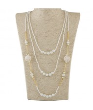 Multi-layer Mini Beads and Pearl Long Statement Fashion Necklace - White