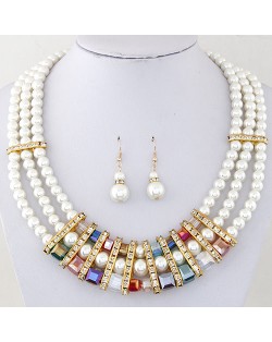Rhinestone and Coloful Crystal Decorated Multi-layer Pearl Fashion Necklace