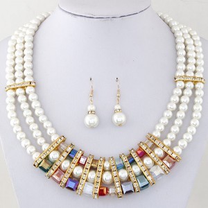 Rhinestone and Coloful Crystal Decorated Multi-layer Pearl Fashion Necklace