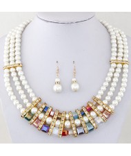Rhinestone and Coloful Crystal Decorated Multi-layer Pearl Fashion Necklace