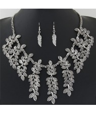 Vintage Leaves Cluster Design Short Fashion Necklace and Earrings Set - Silver