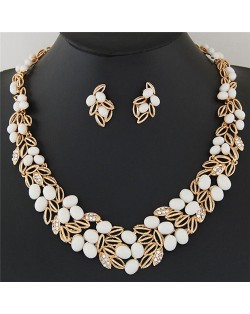 Gem Fruits and Hollow Leaves Fashion Costume Necklace and Earrings Set - White