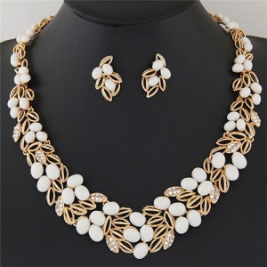 Gem Fruits and Hollow Leaves Fashion Costume Necklace and Earrings Set - White