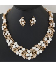 Gem Fruits and Hollow Leaves Fashion Costume Necklace and Earrings Set - White