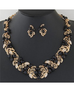 Gem Fruits and Hollow Leaves Fashion Costume Necklace and Earrings Set - Black