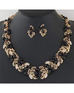 Gem Fruits and Hollow Leaves Fashion Costume Necklace and Earrings Set - Black