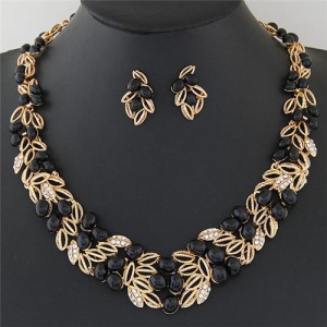 Gem Fruits and Hollow Leaves Fashion Costume Necklace and Earrings Set - Black
