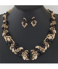 Gem Fruits and Hollow Leaves Fashion Costume Necklace and Earrings Set - Black