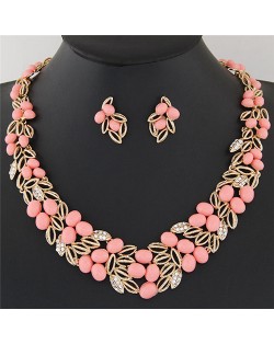 Gem Fruits and Hollow Leaves Fashion Costume Necklace and Earrings Set - Pink