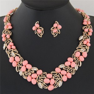Gem Fruits and Hollow Leaves Fashion Costume Necklace and Earrings Set - Pink