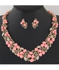 Gem Fruits and Hollow Leaves Fashion Costume Necklace and Earrings Set - Pink